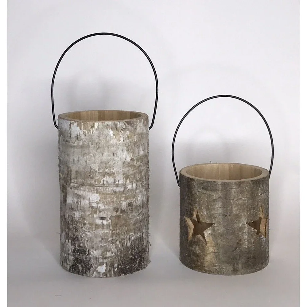 Set of 2 Birch Bark Wood Log Star Cutout Candle Holders Rustic Nature Decor NEW